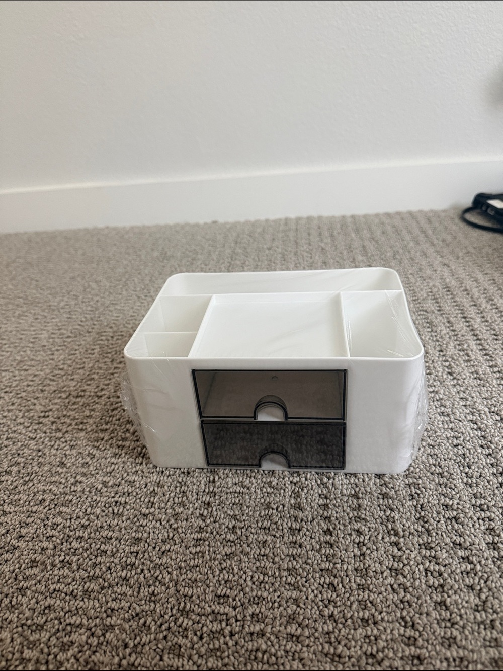 White Desktop Organizer with Smoky Drawer Accents